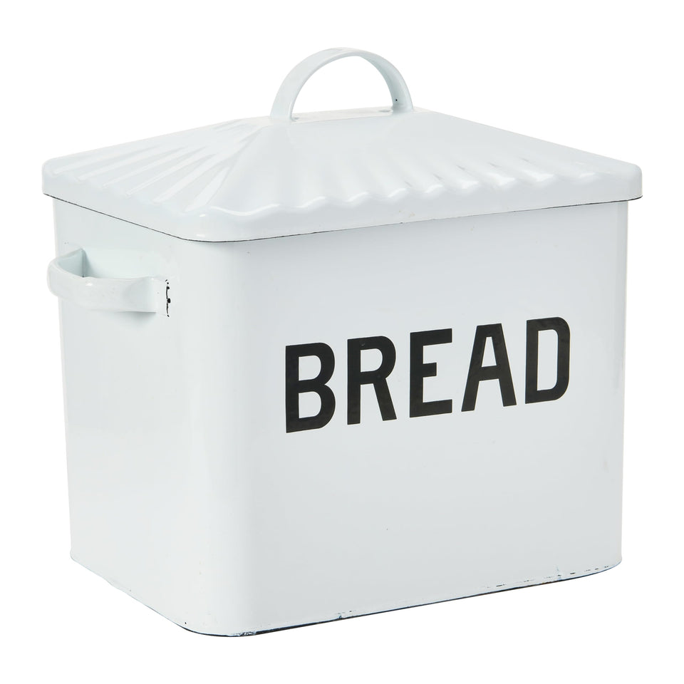 Creative Co-Op distressed white bread box with lid on counter.