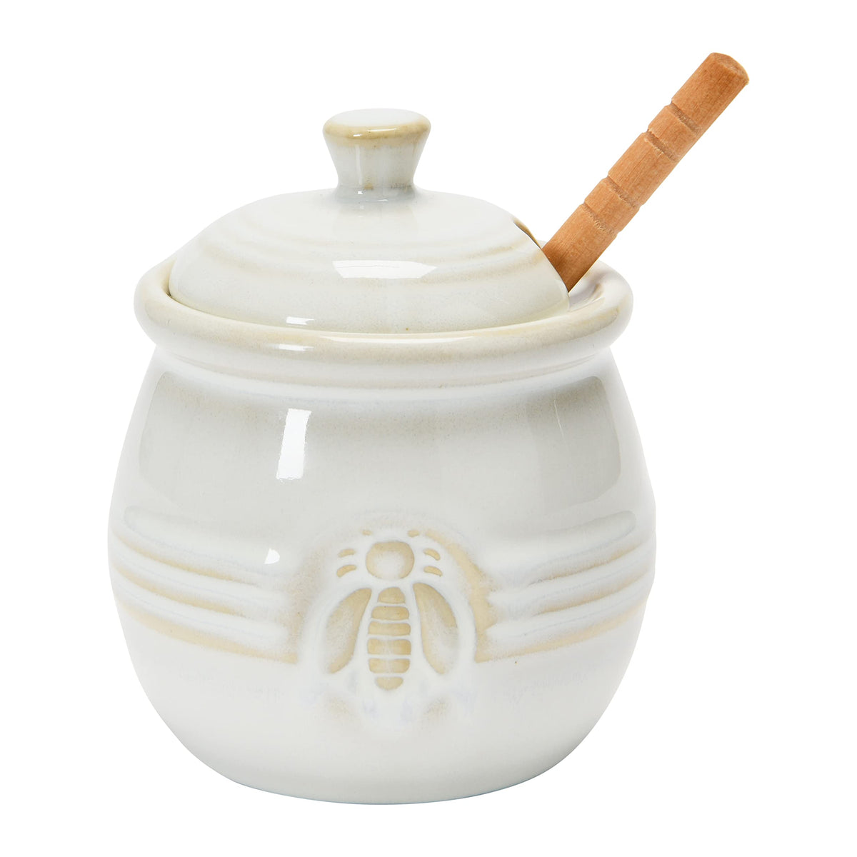 Creative Co-Op farmhouse embossed stoneware honey pot with bee motif for stylish honey storage.