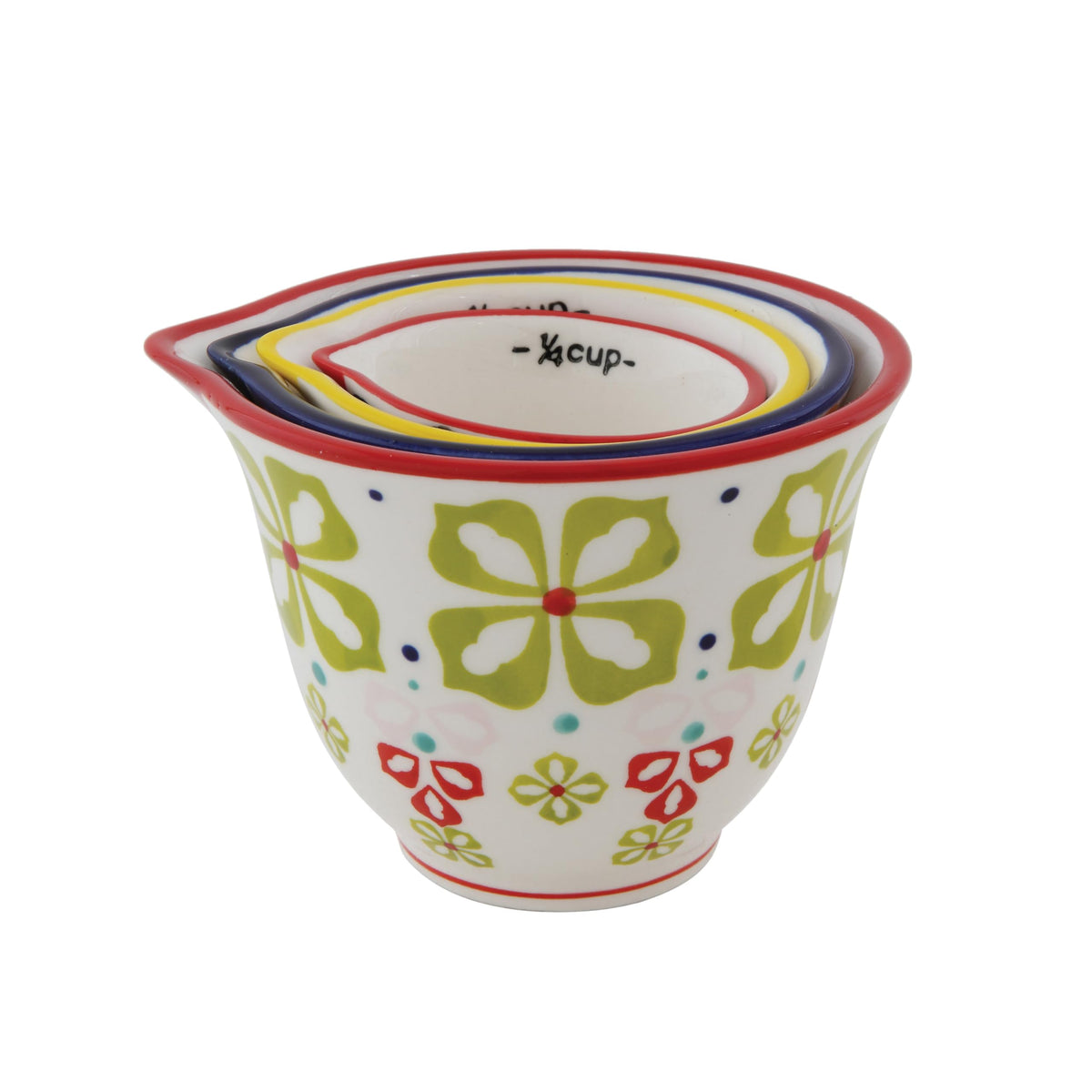 Creative Co-Op 3/4 cup floral design measures ingredients while adorning kitchen shelves.