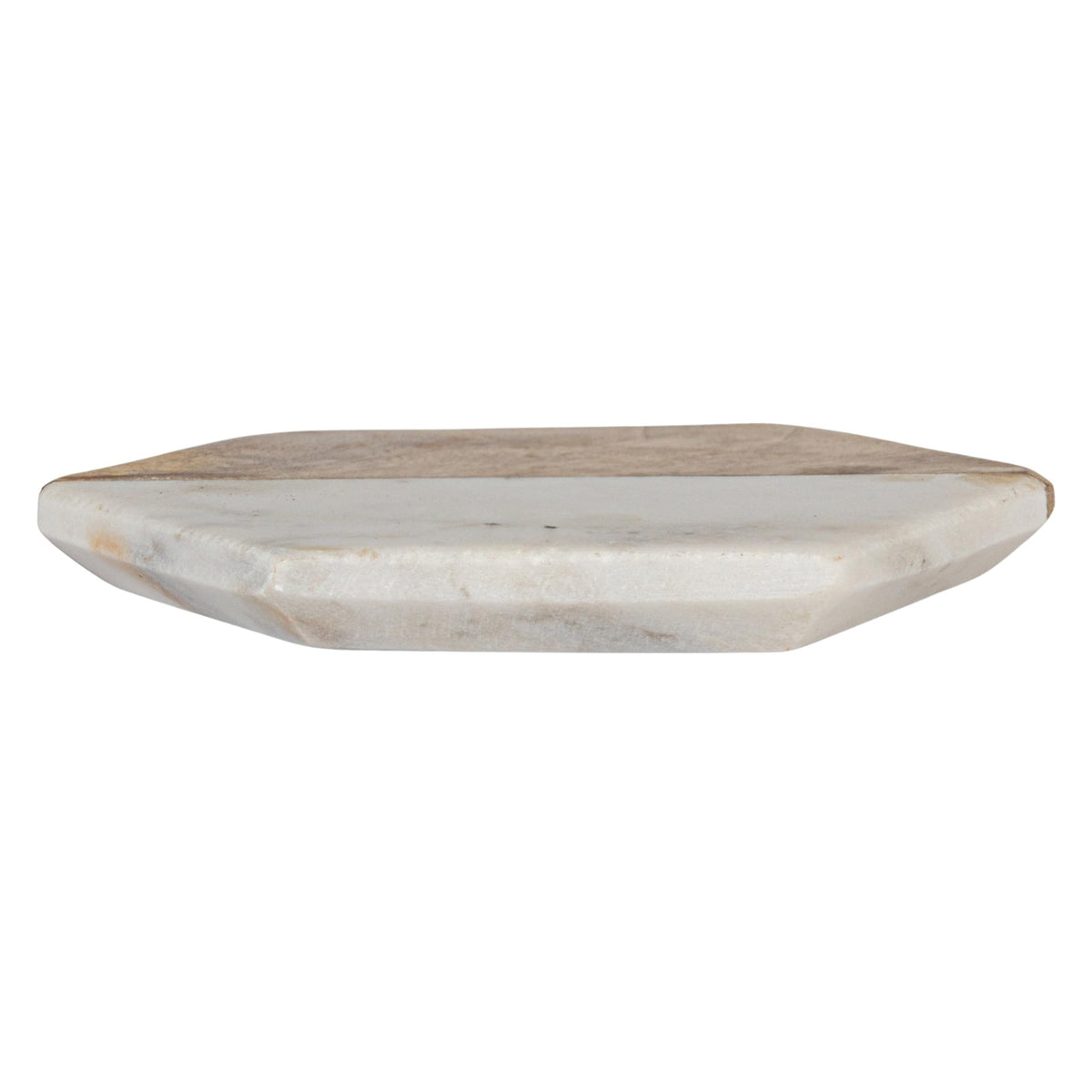 Creative Co-Op geometric marble-wood coaster highlights dinner table aesthetics.