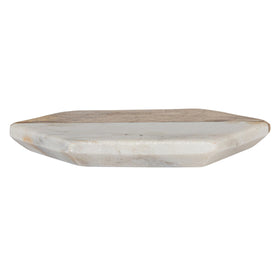 Creative Co-Op geometric marble-wood coaster highlights dinner table aesthetics.