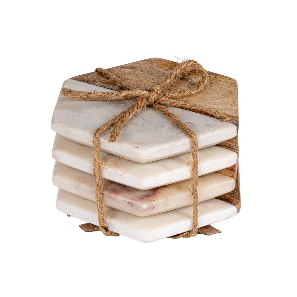 Creative Co-Op hexagon coaster in marble and mango wood protects surfaces with chic contrast.
