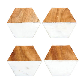 Creative Co-Op hexagon coaster in marble and wood complements any dining space.