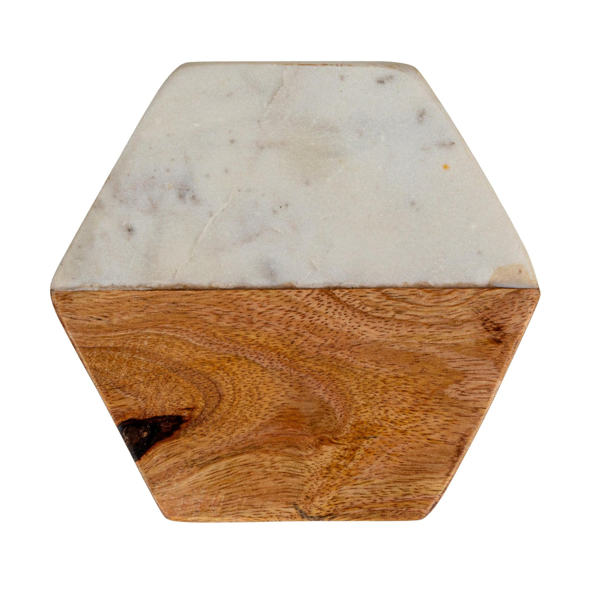 Creative Co-Op natural marble-wood hexagon coaster blends rustic and modern tones.