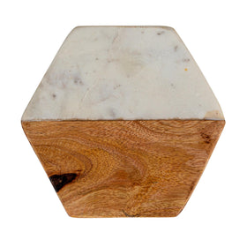 Creative Co-Op natural marble-wood hexagon coaster blends rustic and modern tones.