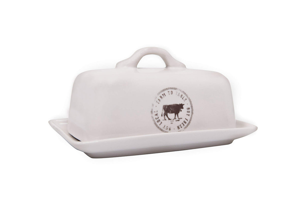 Creative Co-Op stoneware butter dish with cow decal keeps butter ready on the counter