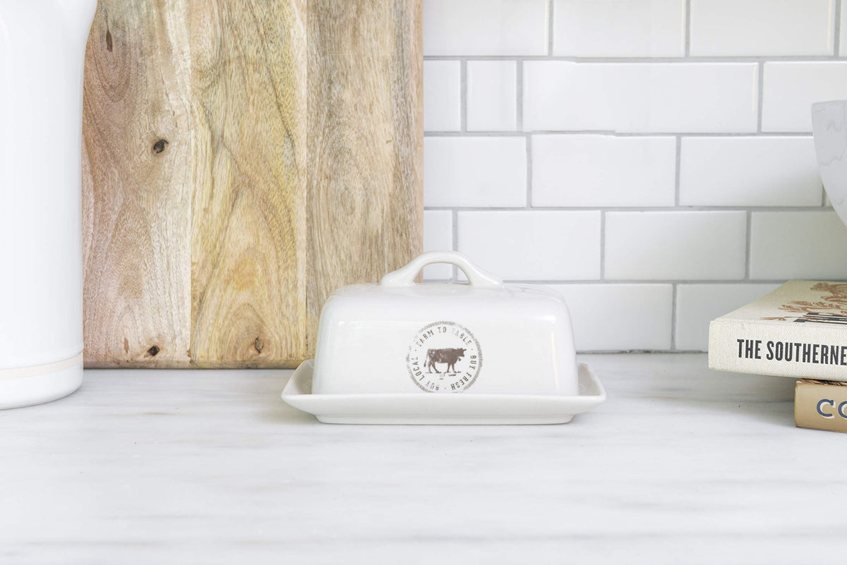 Creative Co-Op stoneware butter dish with cow decal adds rustic farmhouse charm