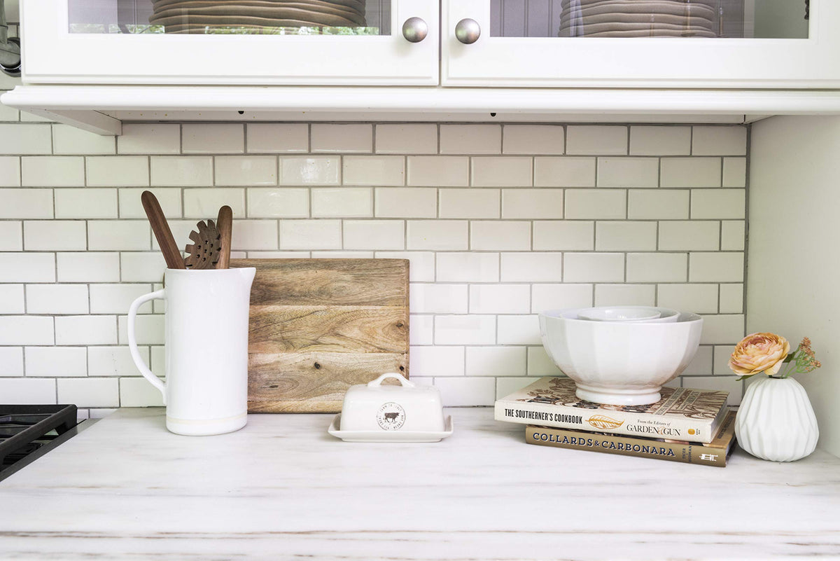 Creative Co-Op stoneware butter dish is microwave-safe for quick use
