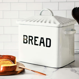 Creative Co-Op two-tone enameled bread box adds rustic style.