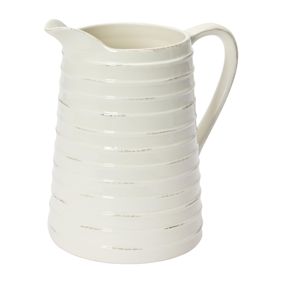 Creative Co-Op White Ceramic Pitcher with embossed stripe for elegant serving