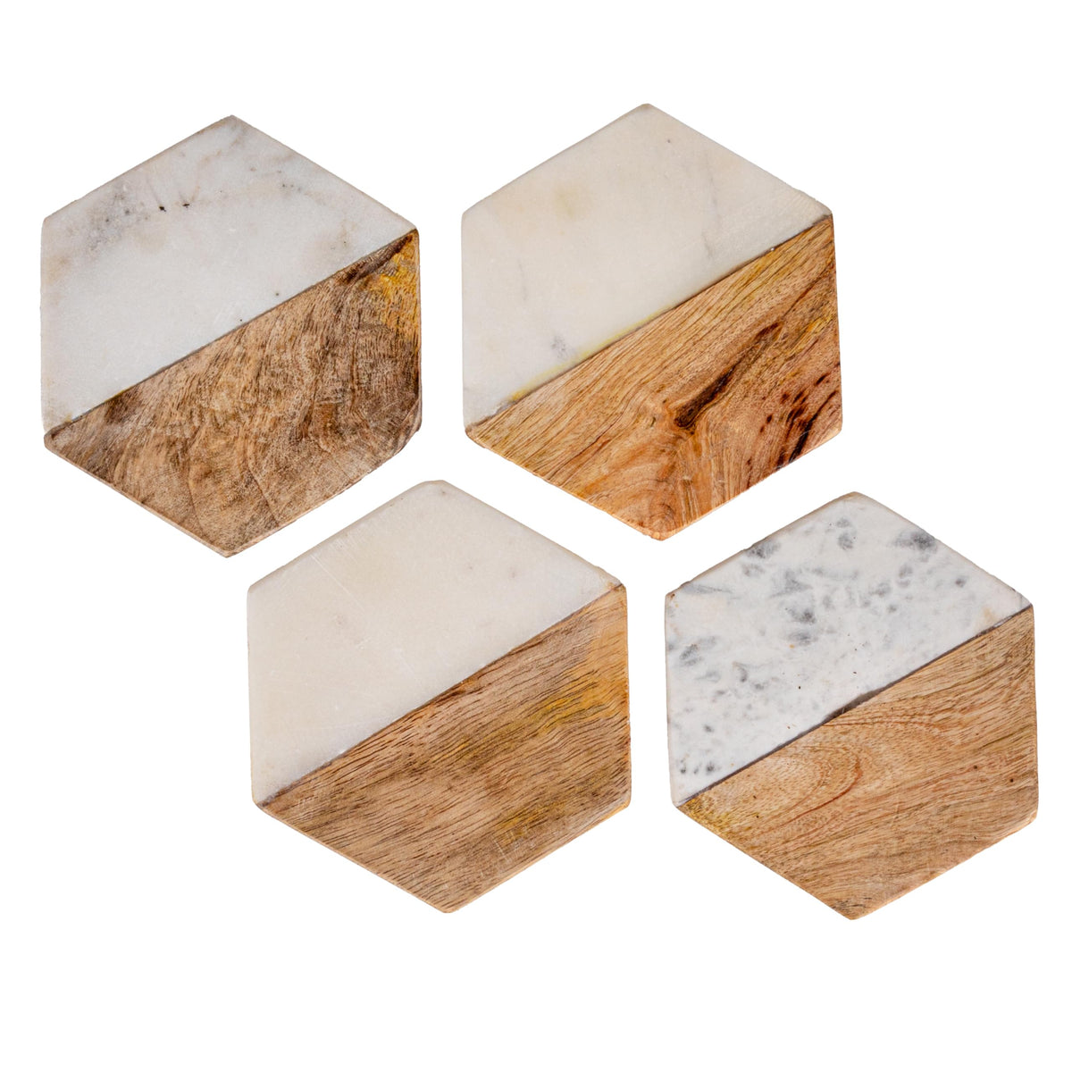 Creative Co-Op white marble and wood coaster brings clean lines to tables.
