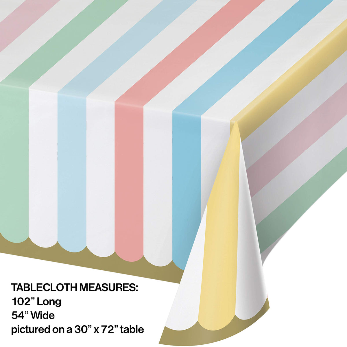 Creative Converting Pastel Celebrations tablecloth ready for easy cleanup after party.