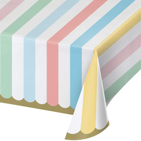 Creative Converting Pastel Celebrations tablecloth with multicolor stripes for festive events.