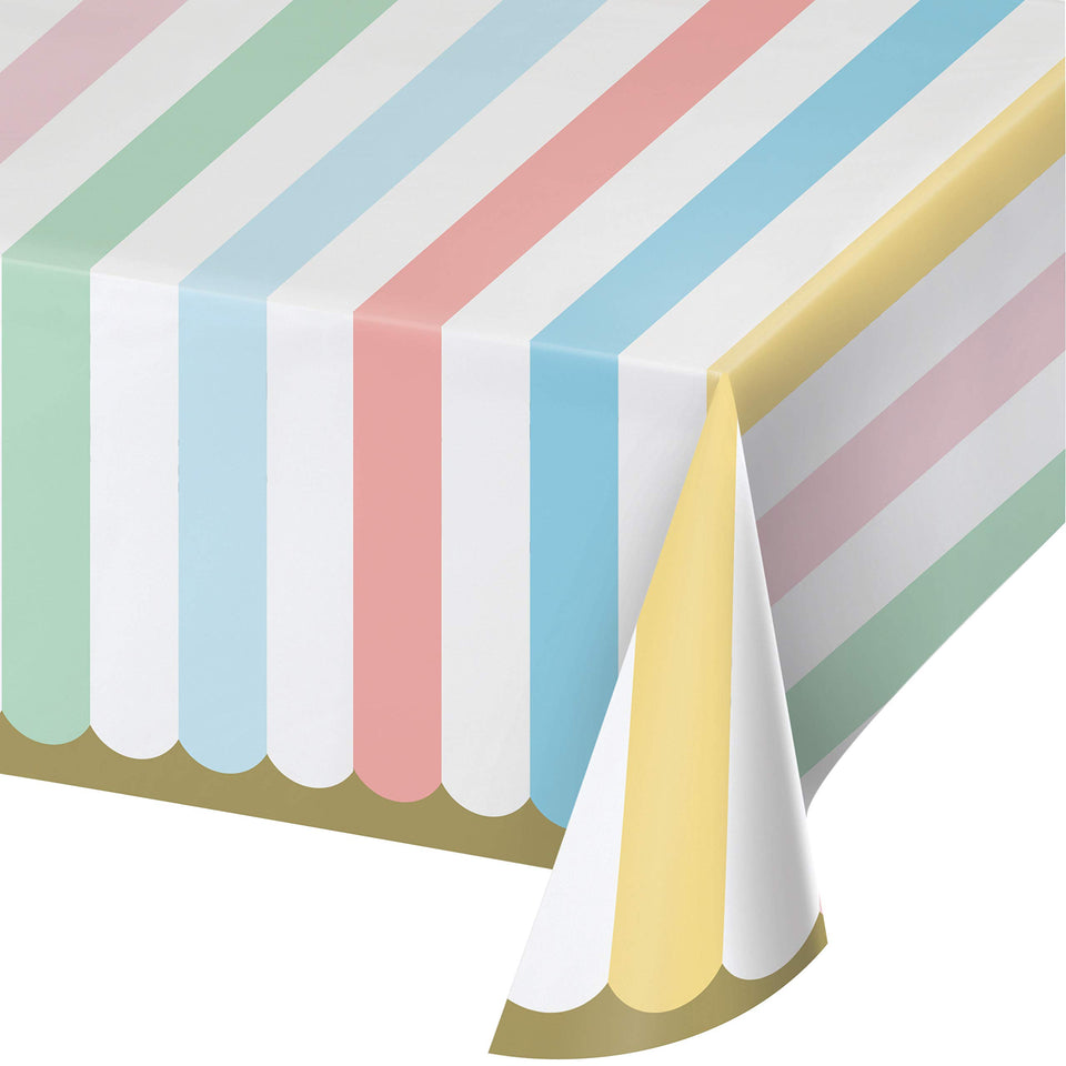 Creative Converting Pastel Celebrations tablecloth with multicolor stripes for festive events.