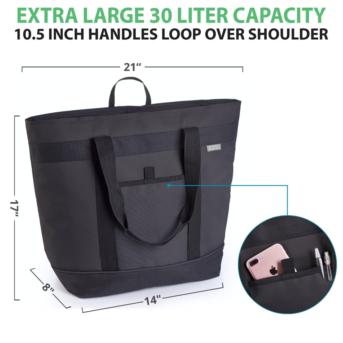 Creative Green Life jumbo cooler bag black side view with sturdy handles