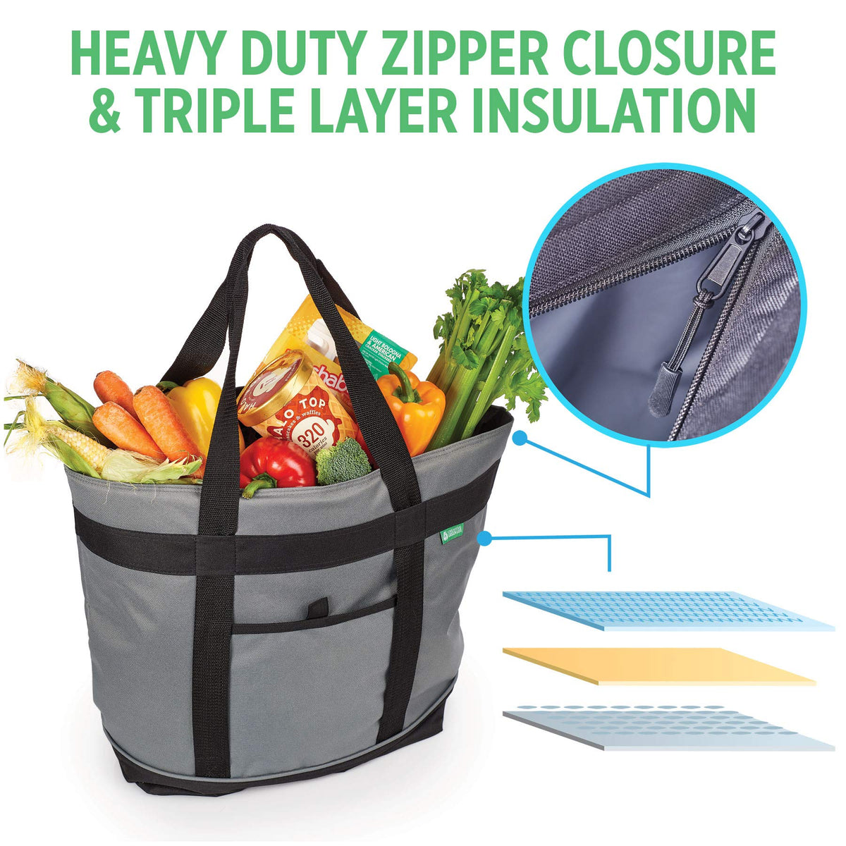 Creative Green Life Jumbo Cooler Bag gray insulated walls and seams.
