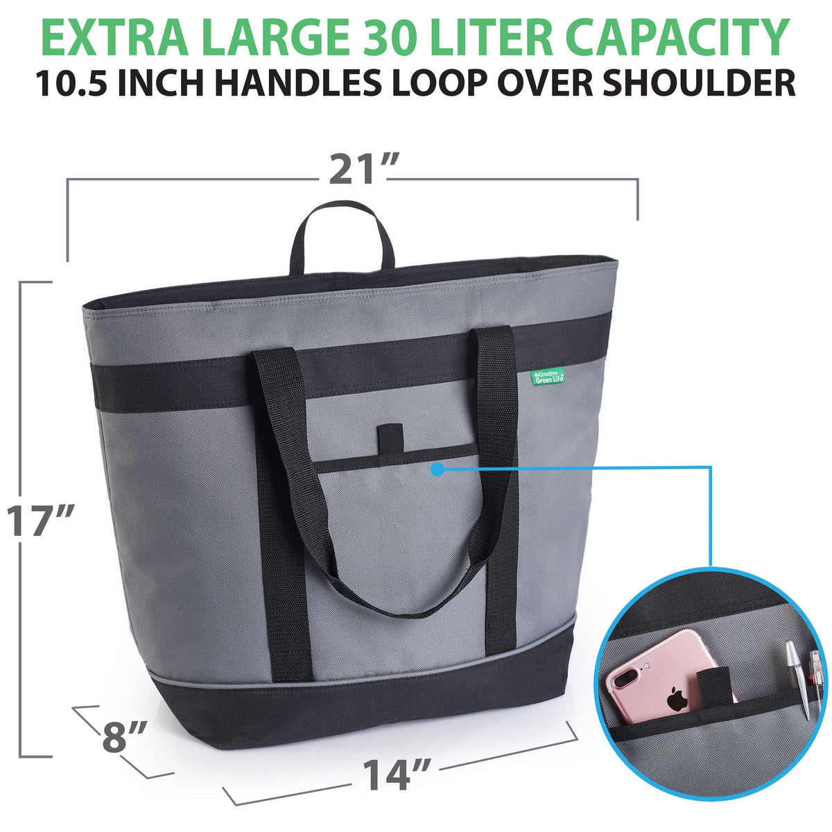 Creative Green Life Jumbo Cooler Bag gray side view shows durable construction.