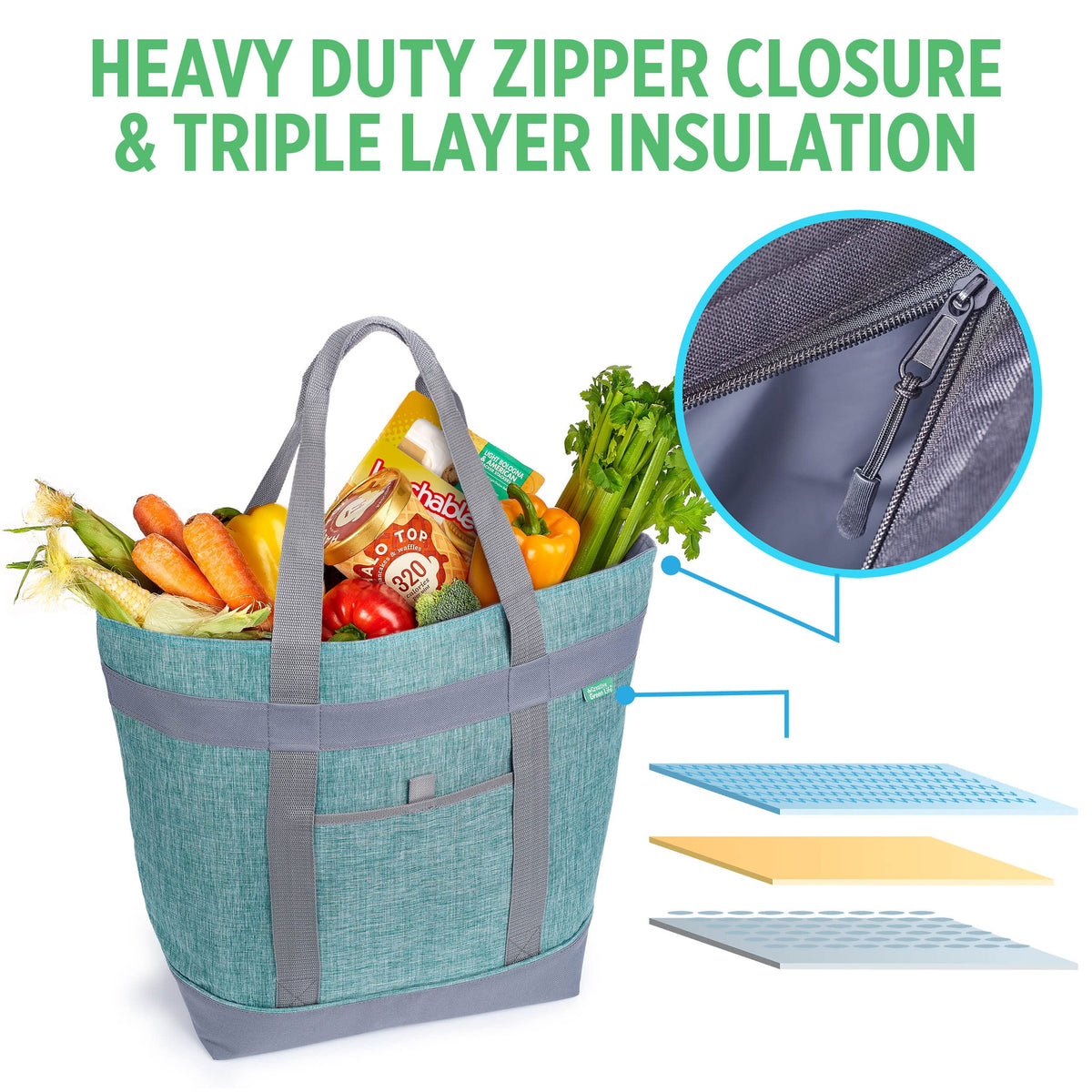 Creative Green Life jumbo insulated cooler bag green with shoulder loops for hands-free carry.