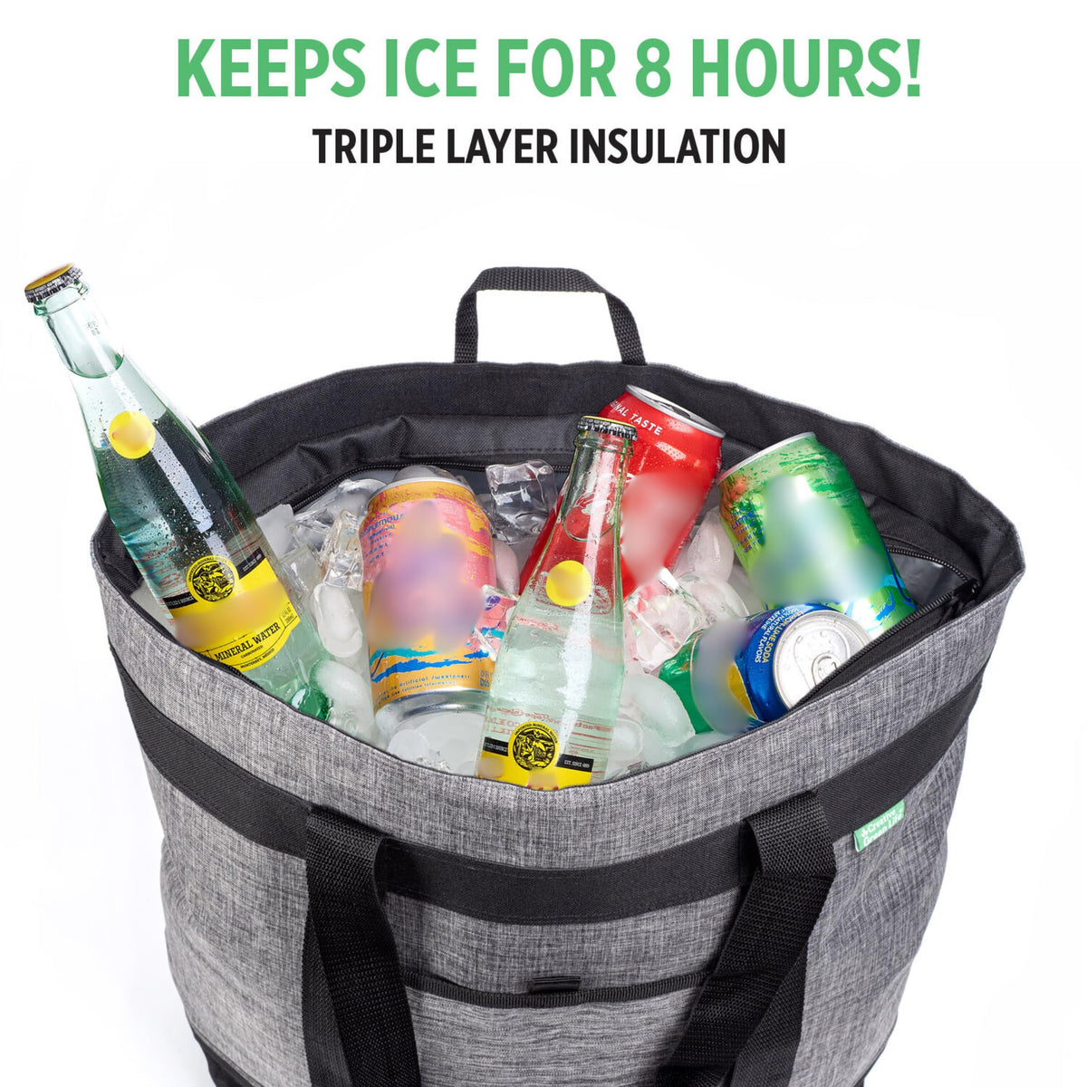 Creative Green Life jumbo insulated cooler bag Charcoal inside shows cold groceries staying fresh for hours.