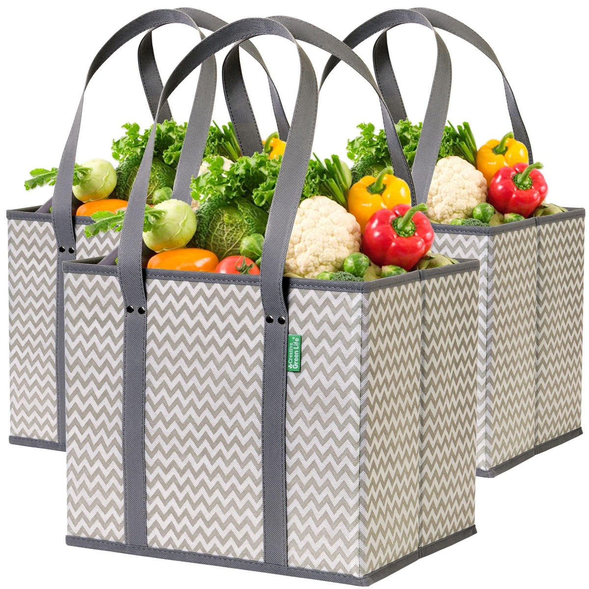 Creative Green Life reusable grocery bags 3-pack box-stand-up design for easy loading