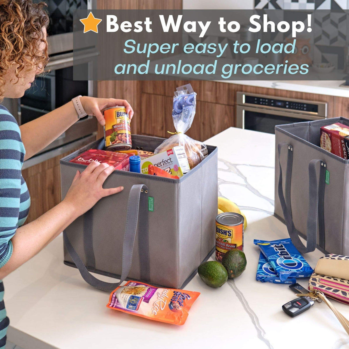 Creative Green Life reusable grocery bags large capacity for bulky groceries and produce.
