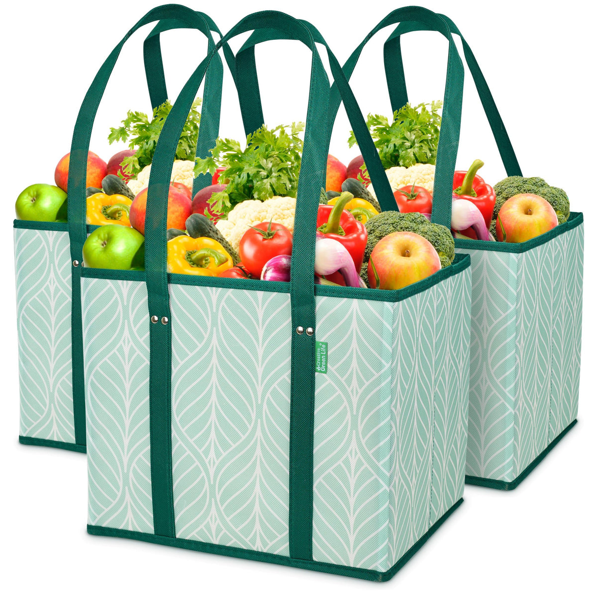 Creative Green Life reusable grocery bags stand up for easy loading and unloading.