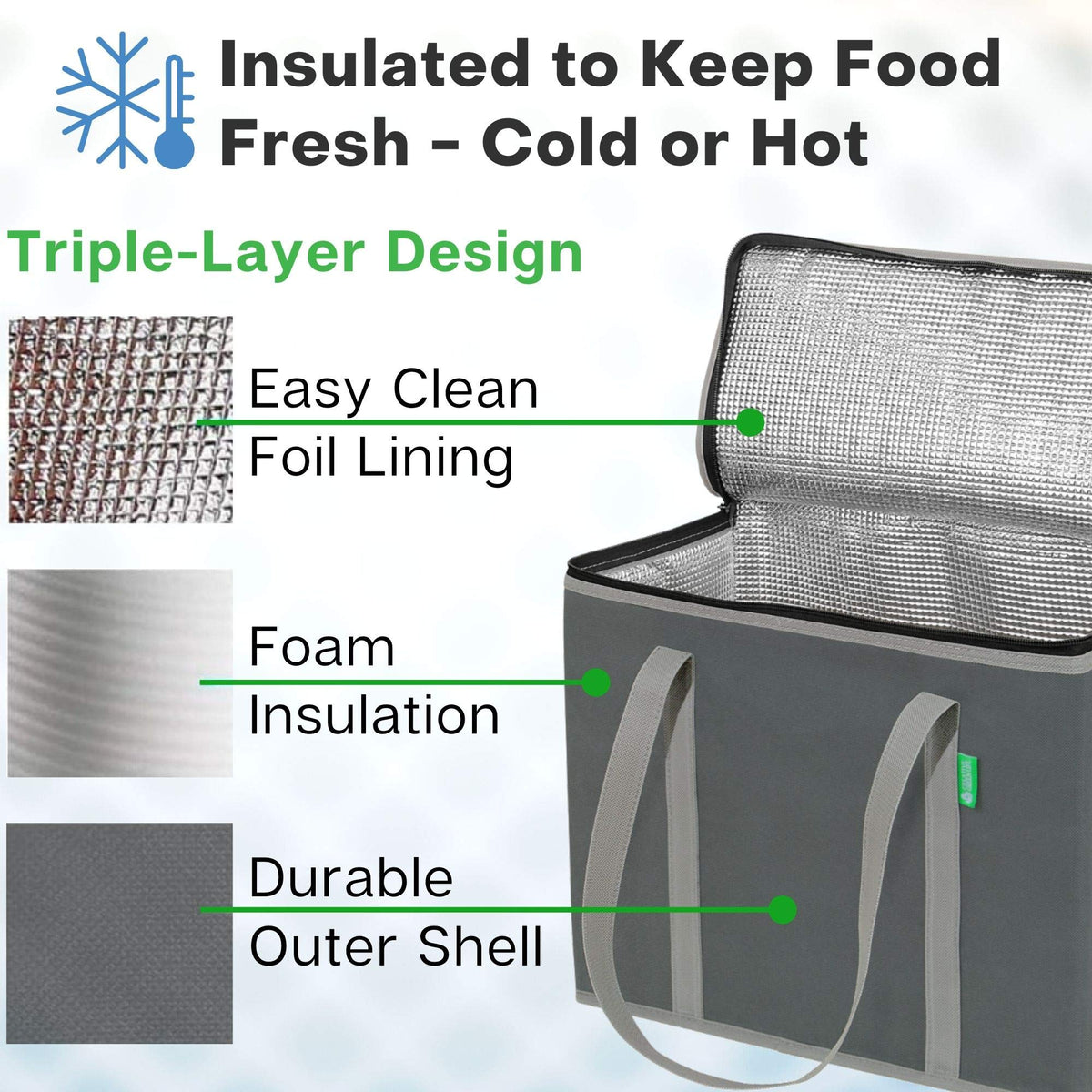 Creative Green Life XL insulated bag with hard bottom insert protects delicate groceries.