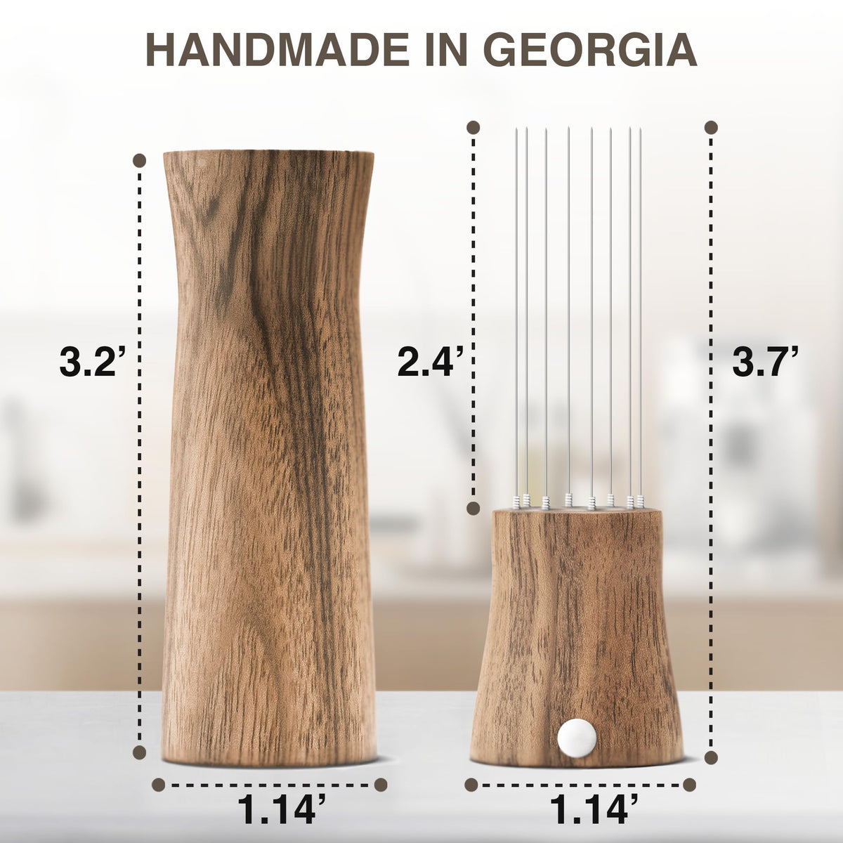 Creatomer WDT walnut holder provides convenient storage beside espresso machine.