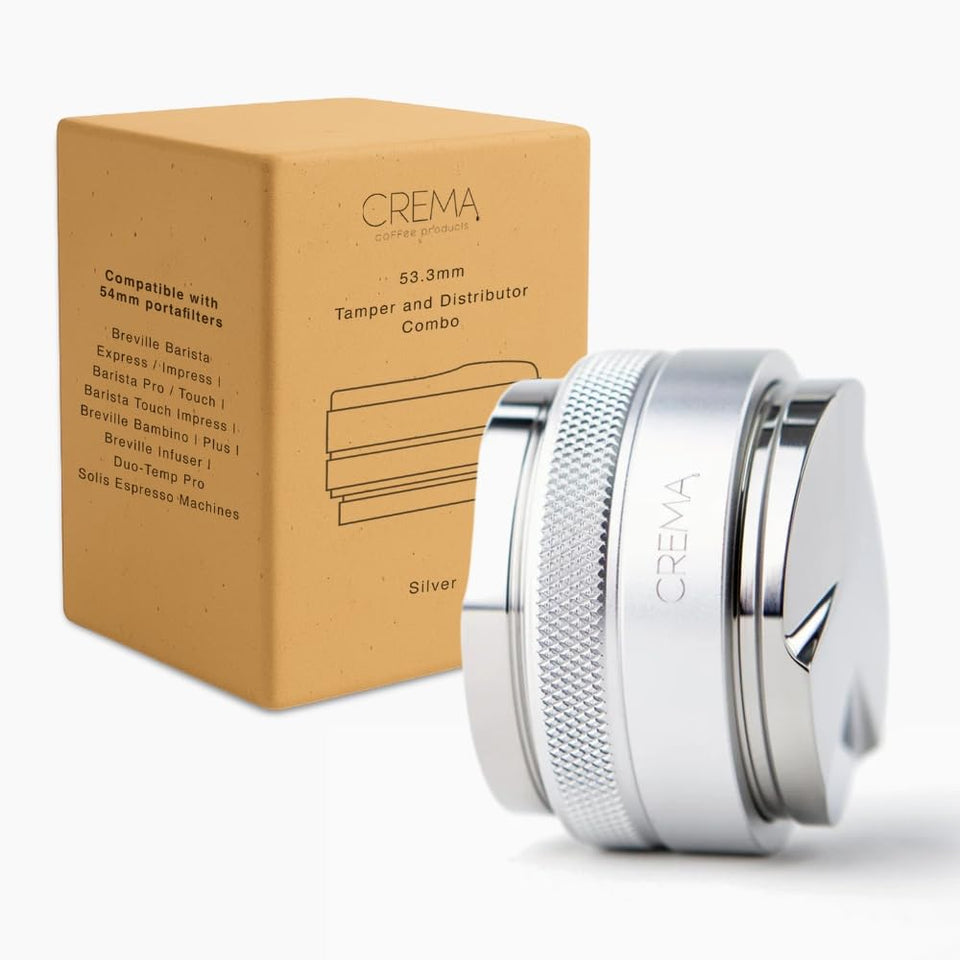 Crema 53.3mm tamper and distributor close-up for even extractions
