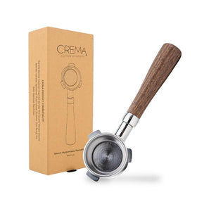 CREMA 54mm bottomless naked portafilter with wooden handle for real-time espresso flow.