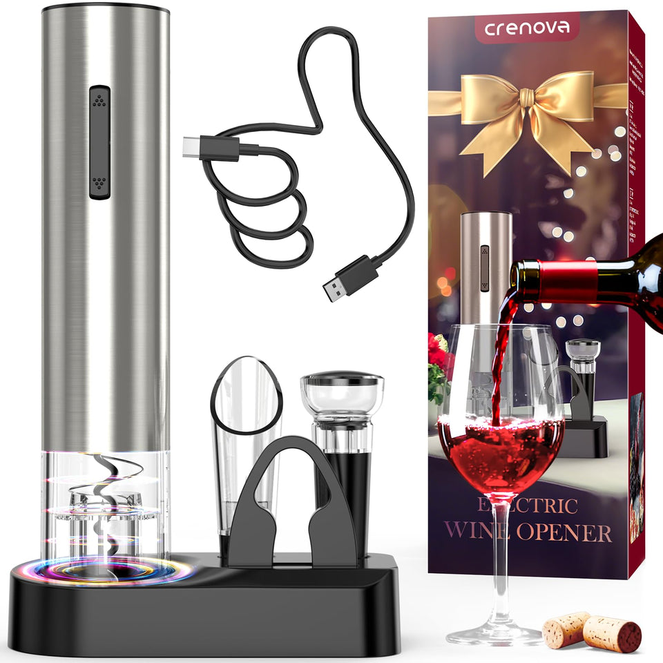 Crenova electric wine opener in action with automatic corkscrew