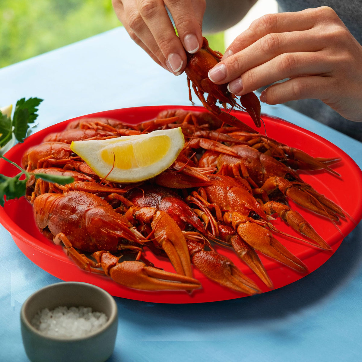 Creole Feast PP1006 crawfish plates close-up in red, highlighting durable BPA-free plastic.