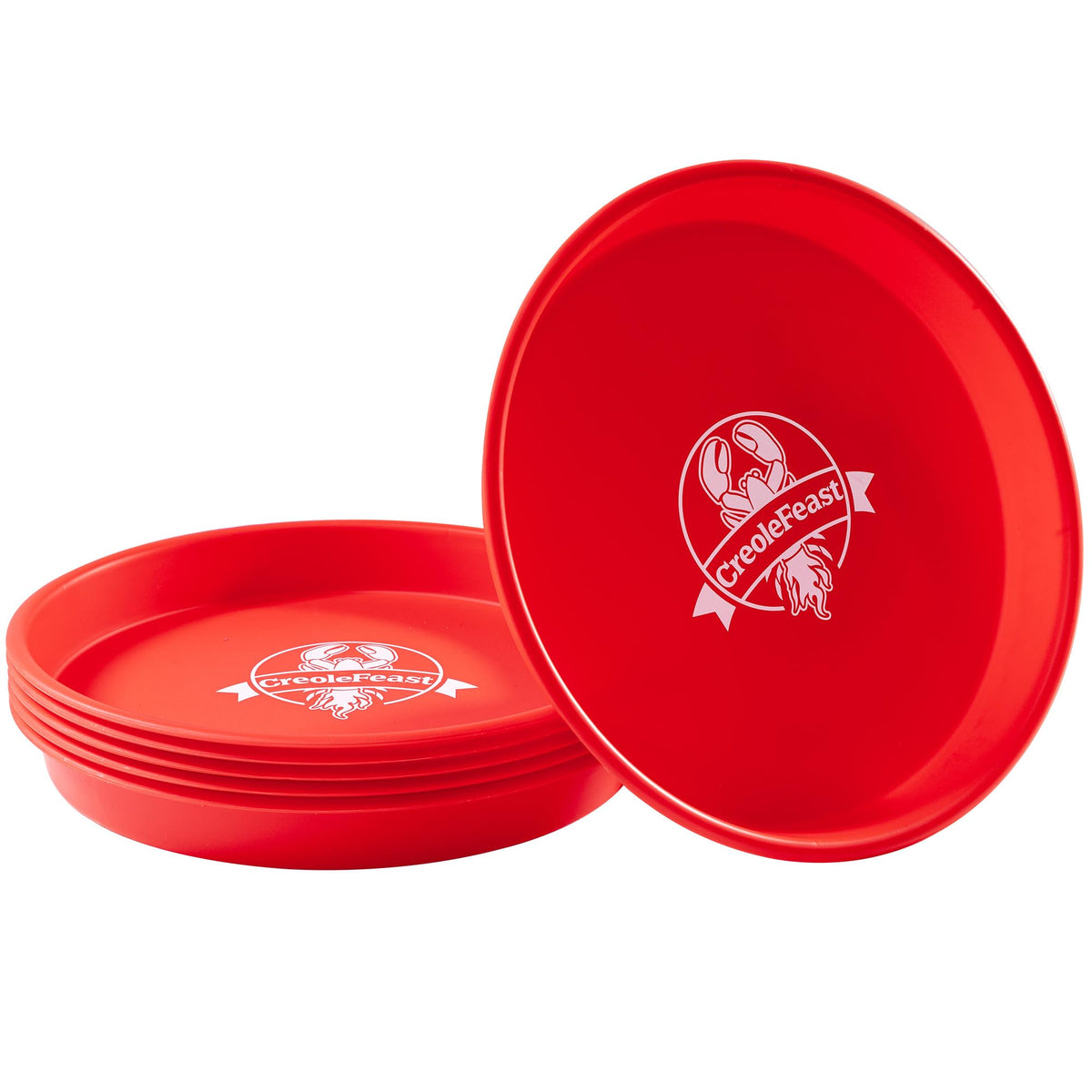 Creole Feast PP1006 round trays in a 6-pack on table, perfect for outdoor Cajun boils.