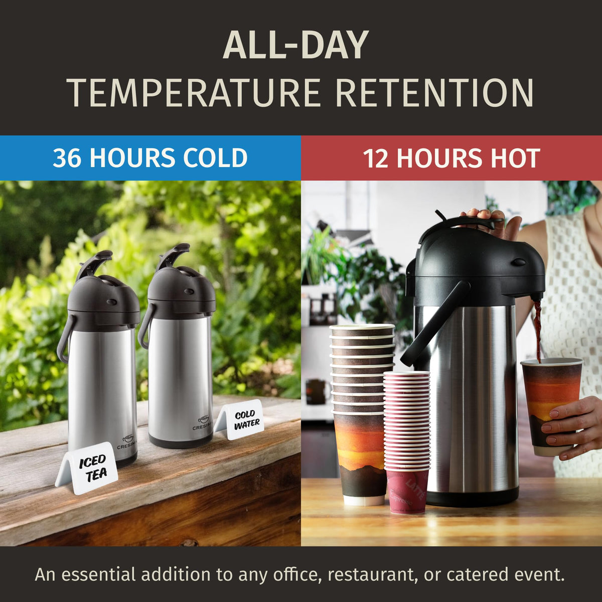 Cresimo airpot 102oz cap lid keeps beverages ready all day.