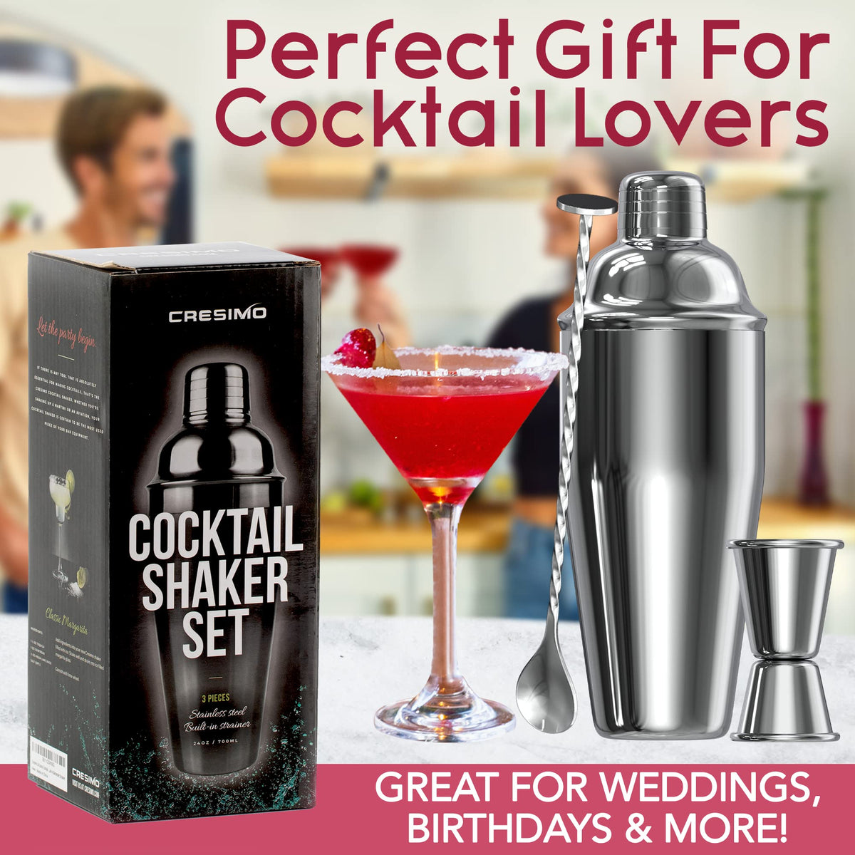 Cresimo cocktail shaker with built-in strainer enables quick shake and pour