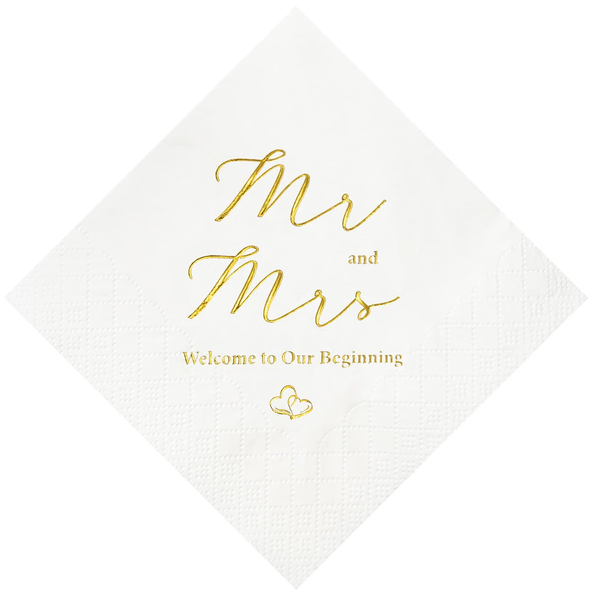 Crisky Mr and Mrs gold foil napkins decorate wedding reception table.