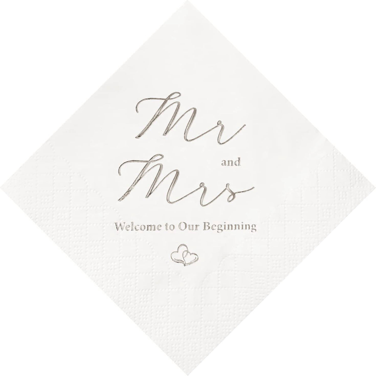 Crisky silver foil Mr and Mrs napkins close-up highlighting shine for elegant wedding decor.