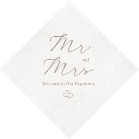 Crisky silver foil Mr and Mrs napkins close-up highlighting shine for elegant wedding decor.
