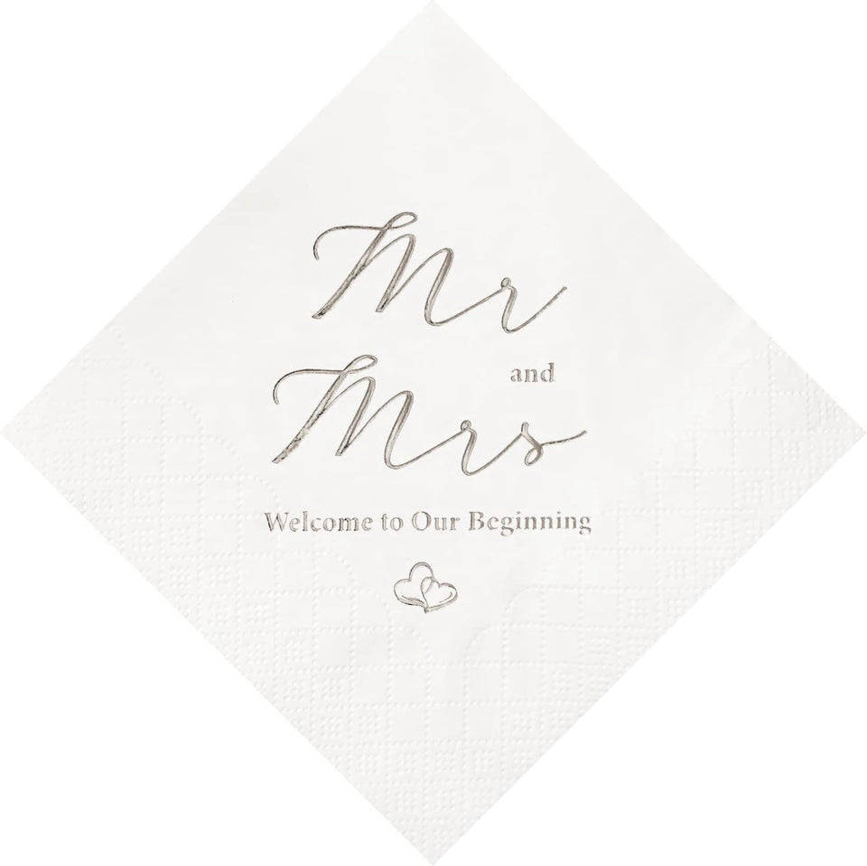 Crisky silver foil Mr and Mrs napkins close-up highlighting shine for elegant wedding decor.