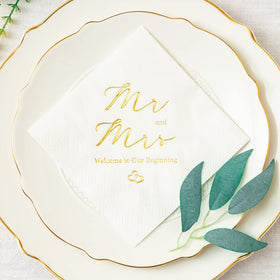 Crisky Welcome to Our Beginning napkins add elegant shimmer to dessert table.