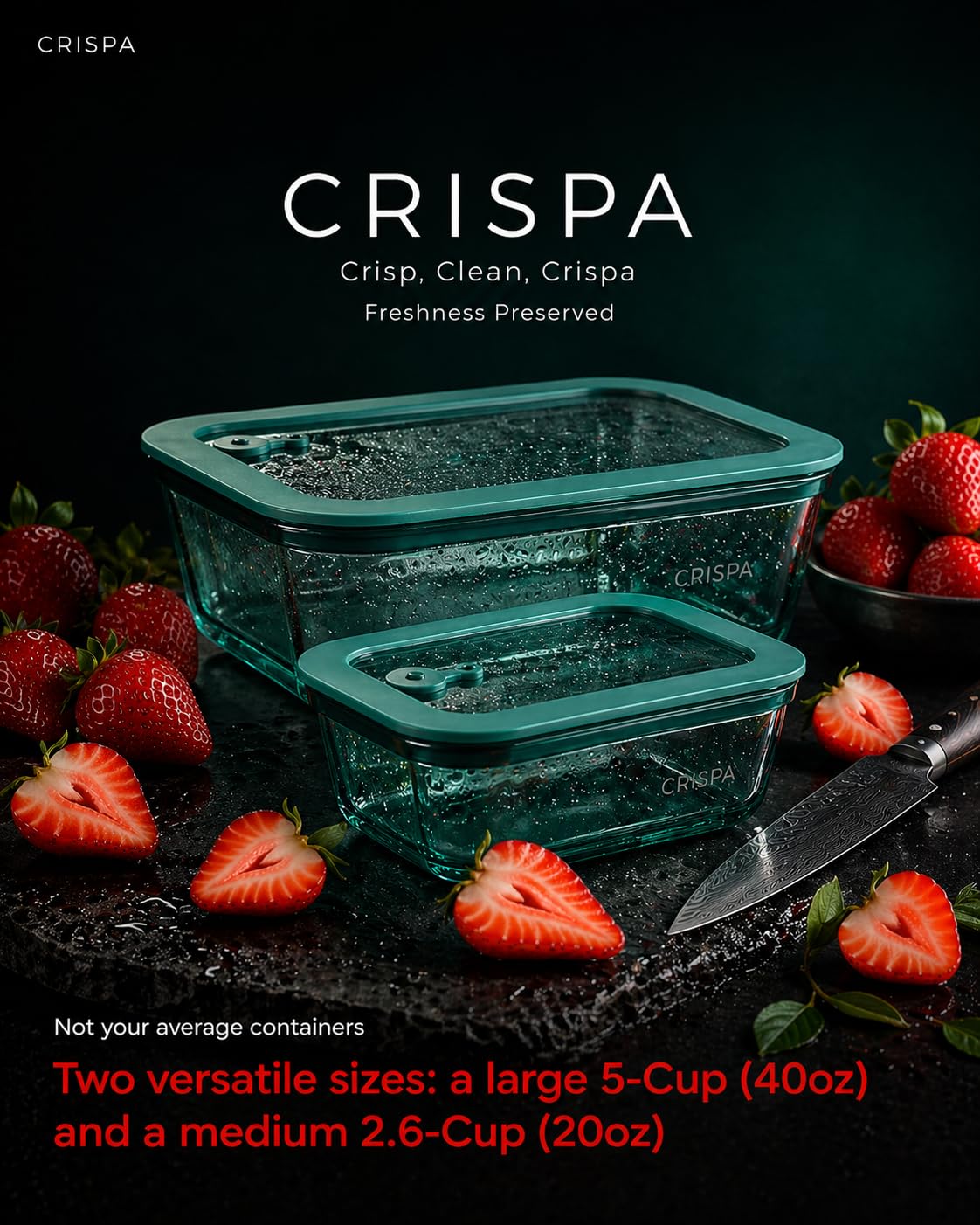 Crispa silicone-seal lid provides leakproof closure avoiding spills.
