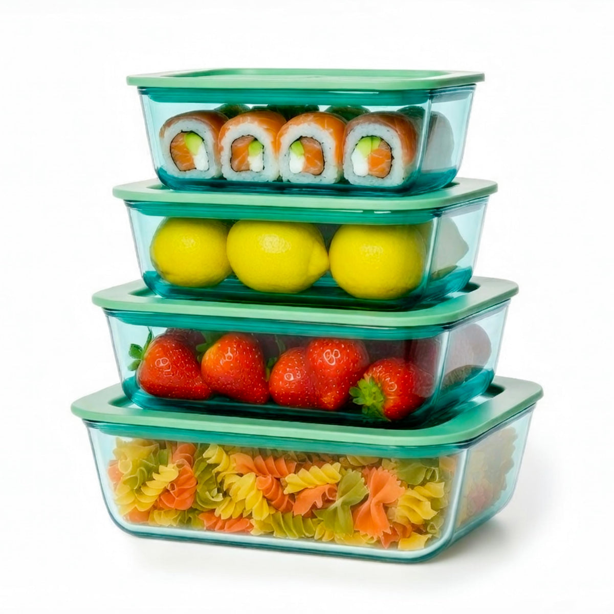 Crispa teal glass storage set close-up with airtight seal for freshness.