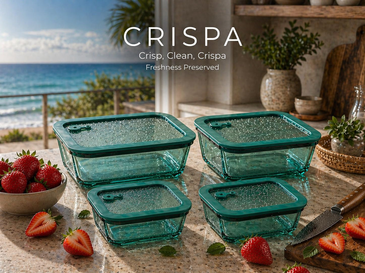 Crispa teal glass lids with silicone rim for leakproof containment during transport.