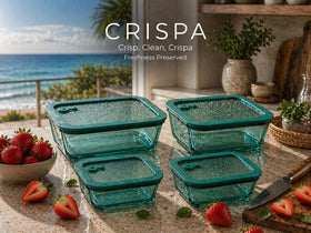 Crispa teal glass lids with silicone rim for leakproof containment during transport.
