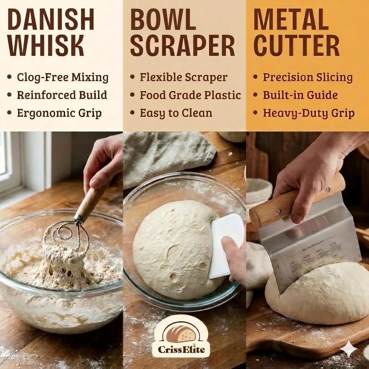 CRISS ELITE Danish whisk for smooth dough mixing