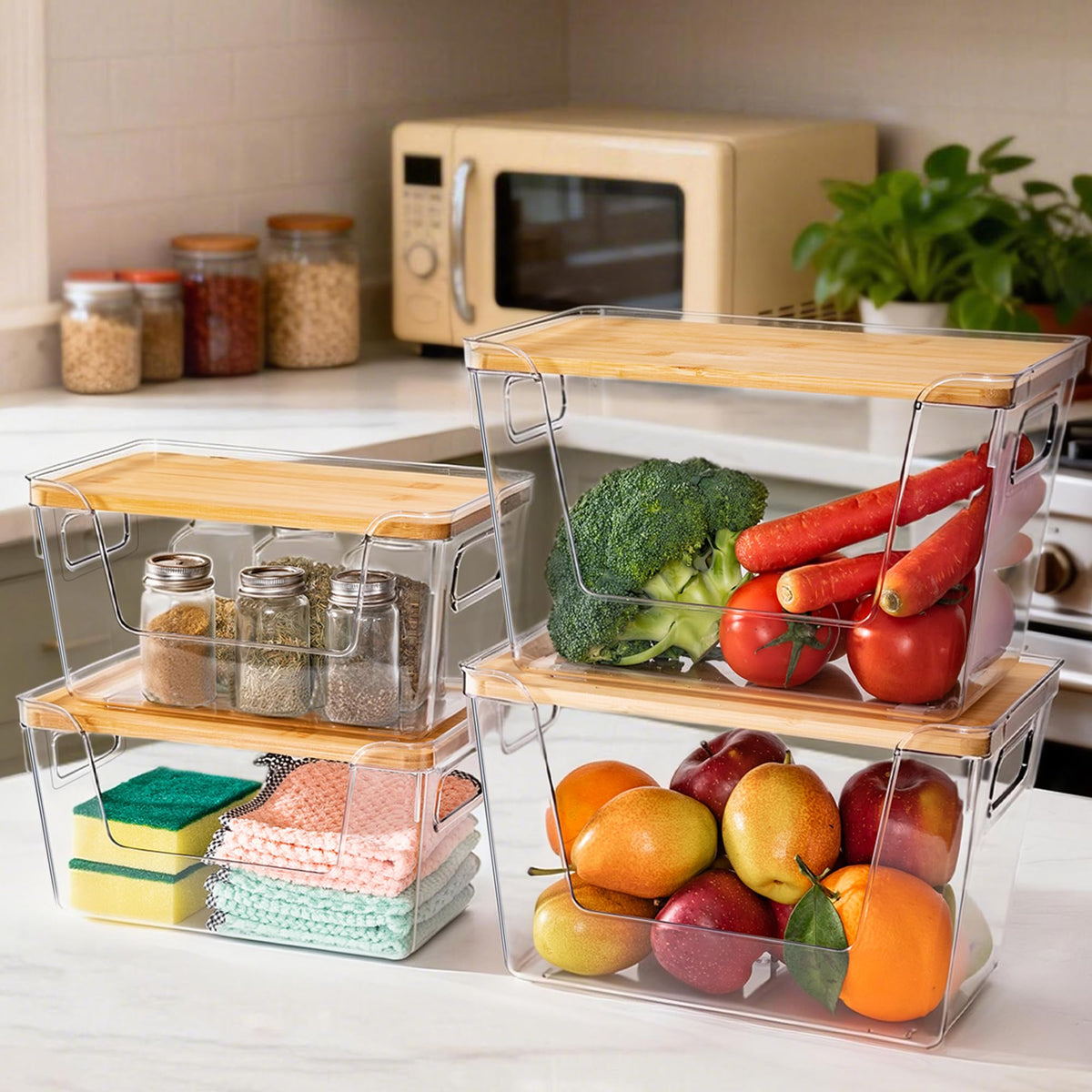 Criusia clear bins with bamboo lids for eco-friendly storage and visibility.