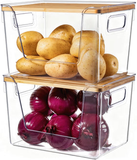 Criusia pantry organizer with a clear bin and bamboo lid for easy visibility of potatoes and onions.
