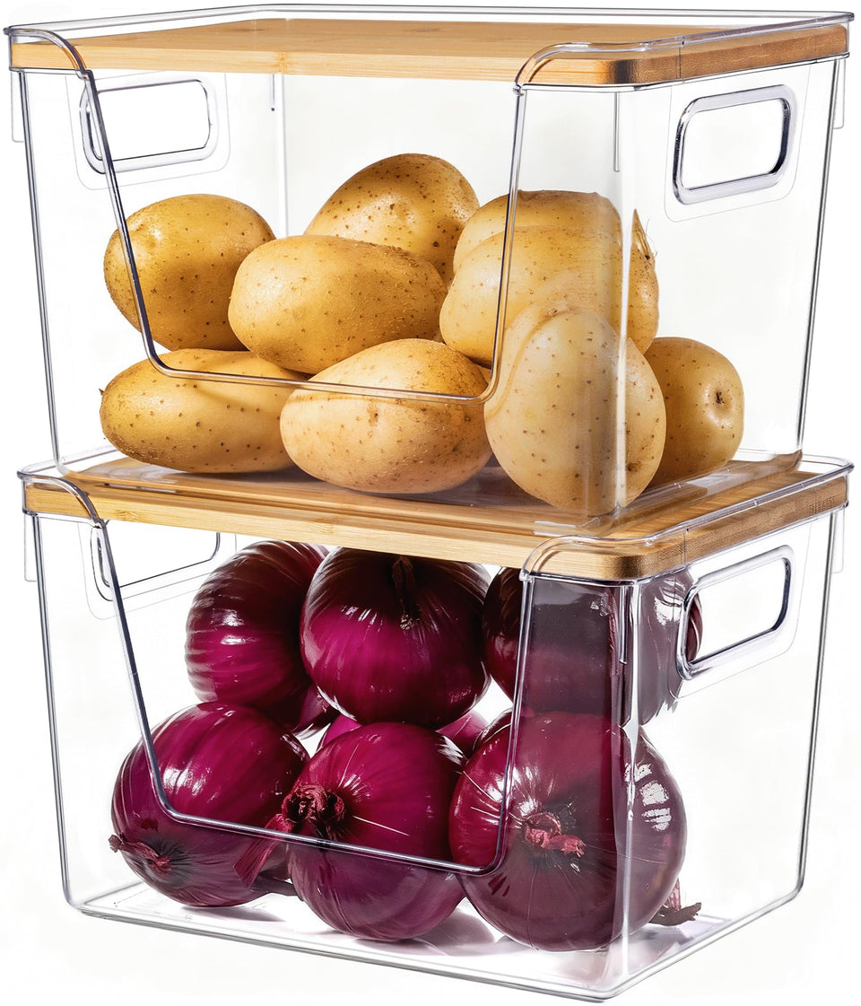 Criusia pantry organizer with a clear bin and bamboo lid for easy visibility of potatoes and onions.