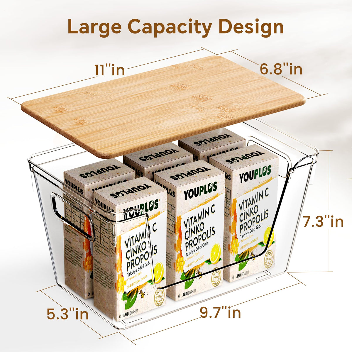 Criusia stackable clear bin for under-sink organization, saving vertical space.