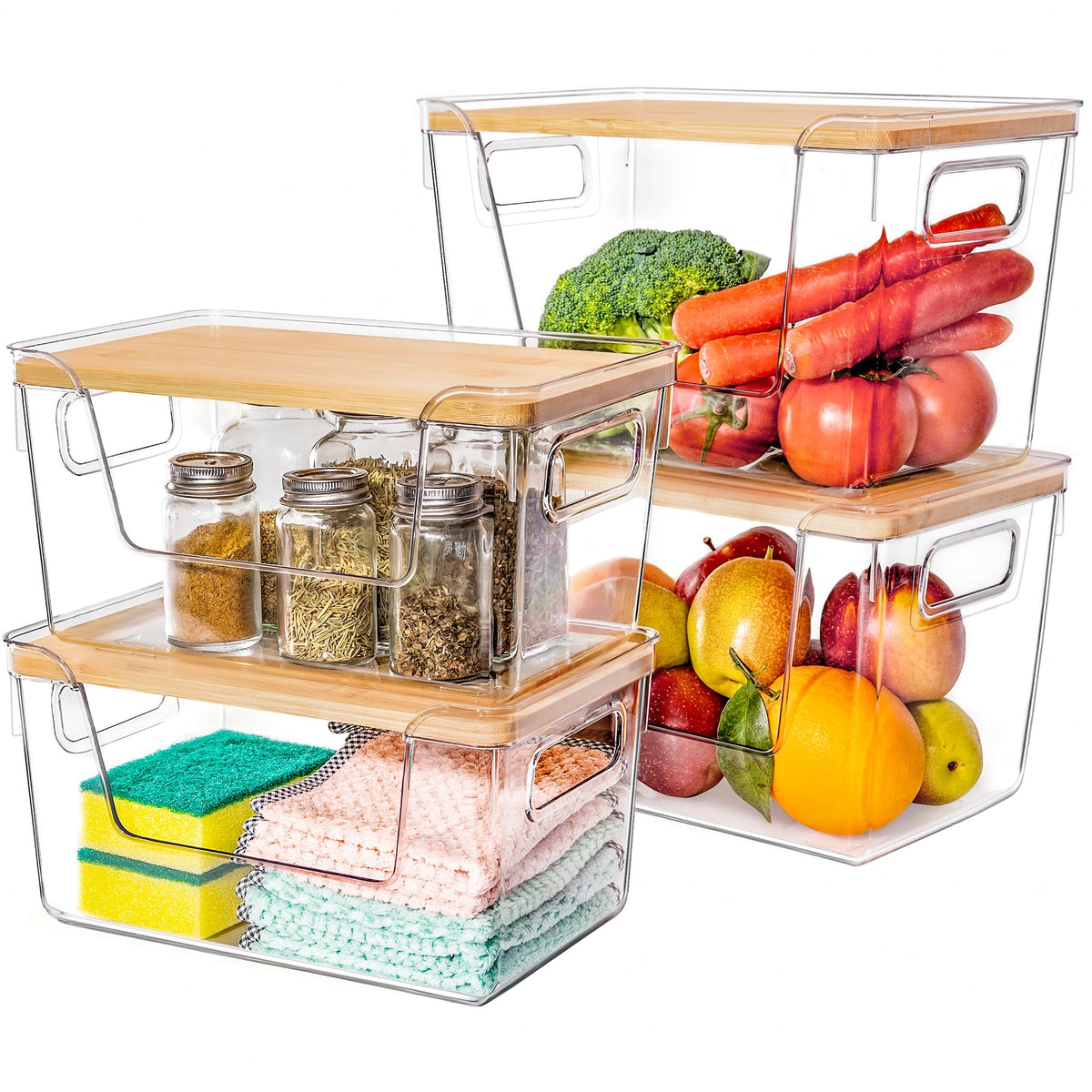 Criusia pantry organizers with large stackable bins for easy produce storage.